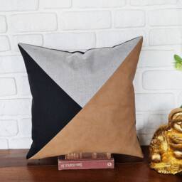 Saddle Tan Faux Leather -Black -Light Gray Color Triangle Diagonal Design Pillow Cover - 1Pcs - thumbnail 3