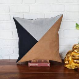 Saddle Tan Faux Leather -Black -Light Gray Color Triangle Diagonal Design Pillow Cover - 1Pcs - thumbnail 2