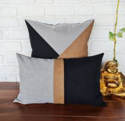 Saddle Tan Faux Leather -Black -Light Gray Color Triangle Diagonal Design Pillow Cover - 1Pcs - thumbnail 1
