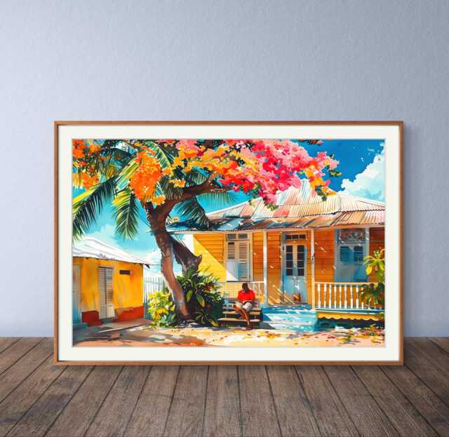 Grenada Artwork Poster Print Of Caribbean House With Mango Tree - Tropical Village Street Scene Colorful Wall Art Home - image 1