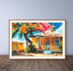 Grenada Artwork Poster Print Of Caribbean House With Mango Tree - Tropical Village Street Scene Colorful Wall Art Home - thumbnail 1