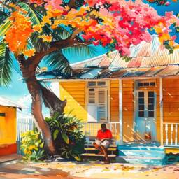 Grenada Artwork Poster Print Of Caribbean House With Mango Tree - Tropical Village Street Scene Colorful Wall Art Home - thumbnail 3