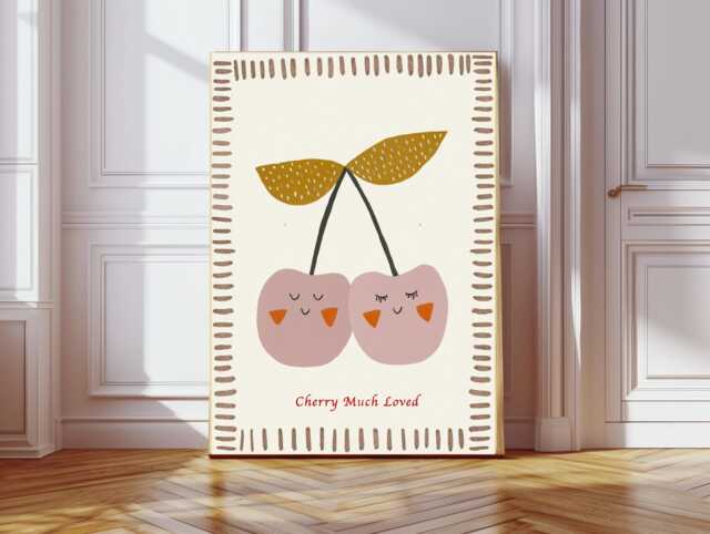 Cute Cherry Nursery Print, Baby Art, Fruit Whimsical Animal Kids Room Decor, Art Decor - image 1