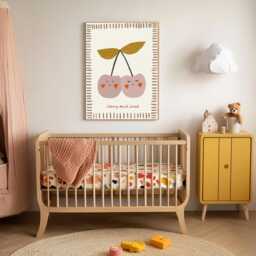 Cute Cherry Nursery Print, Baby Art, Fruit Whimsical Animal Kids Room Decor, Art Decor - thumbnail 2