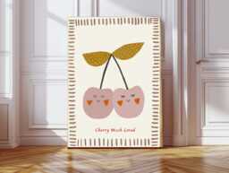 Cute Cherry Nursery Print, Baby Art, Fruit Whimsical Animal Kids Room Decor, Art Decor - thumbnail 1
