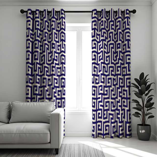 Navy Blue Greek Key Curtains, Modern Geometric Pattern Drapes, Made To Measure Window Panels, Custom Eyelet Or Rod Pocket Curtains - image 1