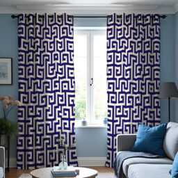Navy Blue Greek Key Curtains, Modern Geometric Pattern Drapes, Made To Measure Window Panels, Custom Eyelet Or Rod Pocket Curtains - thumbnail 2
