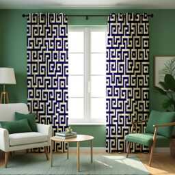 Navy Blue Greek Key Curtains, Modern Geometric Pattern Drapes, Made To Measure Window Panels, Custom Eyelet Or Rod Pocket Curtains - thumbnail 4