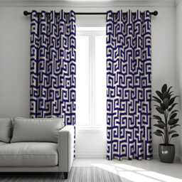 Navy Blue Greek Key Curtains, Modern Geometric Pattern Drapes, Made To Measure Window Panels, Custom Eyelet Or Rod Pocket Curtains - thumbnail 1