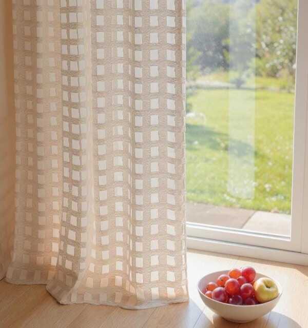 A Pair Of Natural Linen Blend Checkered Sheer Curtains , Caf?? Curtains, Tulle Curtains, Custom Made, Privacy Curtains, Any Size - image 1