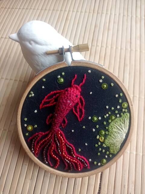 Drum Night Red Koi Carp Embroidery Hoop, Housewarming Gift, Wall Art, Spring Decor, Frame, Fishing Welcome Home Gift - image 1