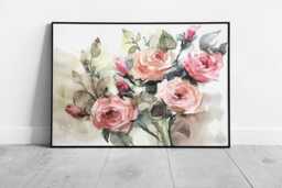 Blush Pink Rose Bouquet Watercolour Wall Art Print - Framed Romantic Floral Decor - thumbnail 1