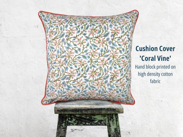 Block Print Cushions Boho Chic Spring Home Decor Throw Pillows Coral Pink Flowers On Vine Double Sided Piping Edge Organic Cotton 50 X cm - image 1