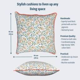 Block Print Cushions Boho Chic Spring Home Decor Throw Pillows Coral Pink Flowers On Vine Double Sided Piping Edge Organic Cotton 50 X cm - thumbnail 2