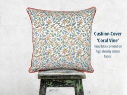 Block Print Cushions Boho Chic Spring Home Decor Throw Pillows Coral Pink Flowers On Vine Double Sided Piping Edge Organic Cotton 50 X cm - thumbnail 1
