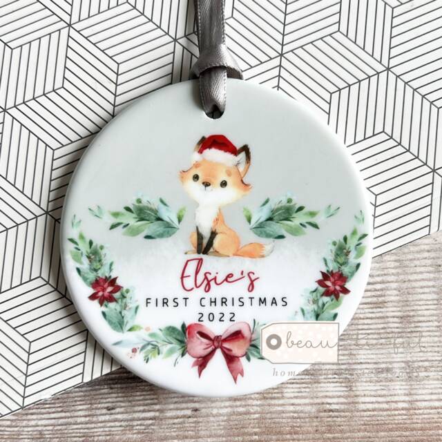 Personalised 1st Christmas Baby Babies Baby's First Woodland Fox Ceramic Or Acrylic Round Ornament Keepsake Boy Gift Child