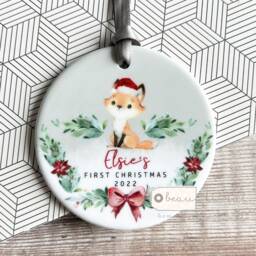 Personalised 1st Christmas Baby Babies Baby's First Woodland Fox Ceramic Or Acrylic Round Ornament Keepsake Boy Gift Child