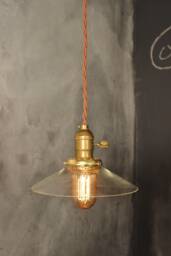 Vintage Pendant Light With Glass Shallow Cone Shade - Machine Age Industrial Minimalist Bare Bulb Lamp - thumbnail 1