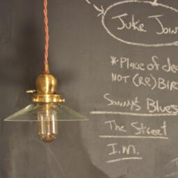 Vintage Pendant Light With Glass Shallow Cone Shade - Machine Age Industrial Minimalist Bare Bulb Lamp - thumbnail 3