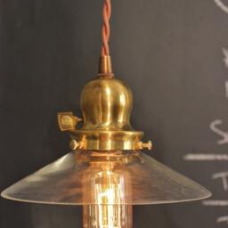 Vintage Pendant Light With Glass Shallow Cone Shade - Machine Age Industrial Minimalist Bare Bulb Lamp - thumbnail 2