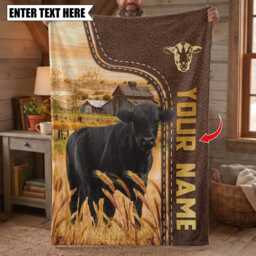 Personalized Name Black Angus Leather Pattern Blanket, Custom Farm Bedroom Decor Gift