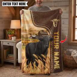 Personalized Name Black Angus Leather Pattern Blanket, Custom Farm Bedroom Decor Gift - thumbnail 3