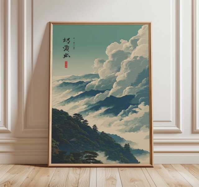 Japanese Mountain Landscape Poster, Ukiyo-E Style Wall Art Print, Misty Nature Decor - image 1