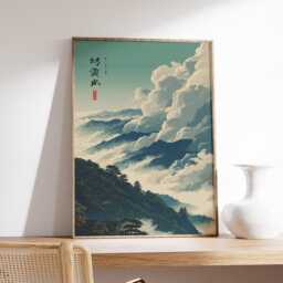 Japanese Mountain Landscape Poster, Ukiyo-E Style Wall Art Print, Misty Nature Decor - thumbnail 2