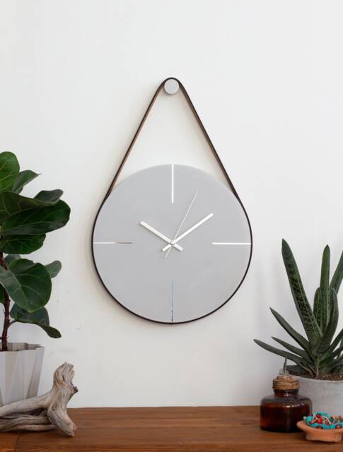 Grey Concrete Wall Clock Modern Minimalist With Faux Leather Strap - image 1
