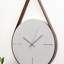 Grey Concrete Wall Clock Modern Minimalist With Faux Leather Strap - thumbnail 3
