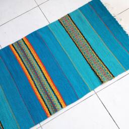 Blue Striped Rug With Yellow, Orange & Red Motifs, Blue Turquoise Runner, Teal Home Decor Handmade Rug - thumbnail 2