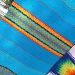 Blue Striped Rug With Yellow, Orange & Red Motifs, Blue Turquoise Runner, Teal Home Decor Handmade Rug - thumbnail 3