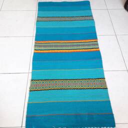 Blue Striped Rug With Yellow, Orange & Red Motifs, Blue Turquoise Runner, Teal Home Decor Handmade Rug - thumbnail 4