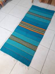 Blue Striped Rug With Yellow, Orange & Red Motifs, Blue Turquoise Runner, Teal Home Decor Handmade Rug - thumbnail 1