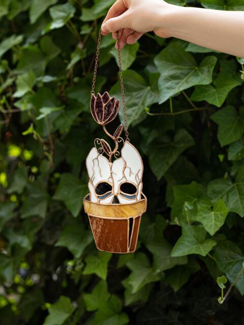 Halloween Stained Glass Skull With Flower Suncatcher Flowerpot Home House Decor Window Wall Hangings, Living Room Art - image 1