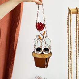 Halloween Stained Glass Skull With Flower Suncatcher Flowerpot Home House Decor Window Wall Hangings, Living Room Art - thumbnail 4