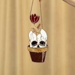 Halloween Stained Glass Skull With Flower Suncatcher Flowerpot Home House Decor Window Wall Hangings, Living Room Art - thumbnail 3