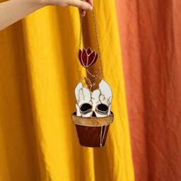 Halloween Stained Glass Skull With Flower Suncatcher Flowerpot Home House Decor Window Wall Hangings, Living Room Art - thumbnail 2
