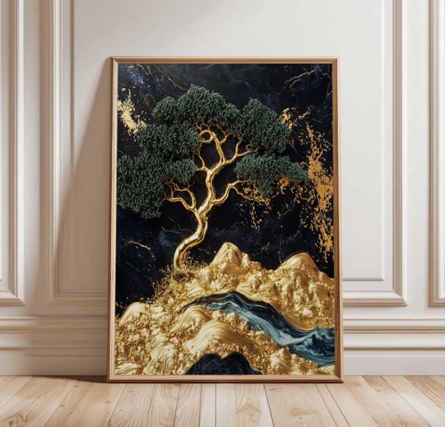 Golden Tree Art Poster, Abstract Nature Print, Black & Gold Landscape, Minimalist Decor, Modern Wall Art, Elegant - image 1