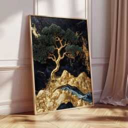 Golden Tree Art Poster, Abstract Nature Print, Black & Gold Landscape, Minimalist Decor, Modern Wall Art, Elegant - thumbnail 2