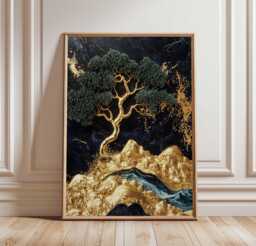 Golden Tree Art Poster, Abstract Nature Print, Black & Gold Landscape, Minimalist Decor, Modern Wall Art, Elegant - thumbnail 1