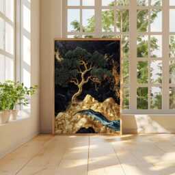 Golden Tree Art Poster, Abstract Nature Print, Black & Gold Landscape, Minimalist Decor, Modern Wall Art, Elegant - thumbnail 3