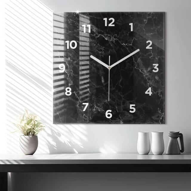 Dark Marble Glass Clock, Black Modern Wall Abstract Personalized Tempered Clock - image 1