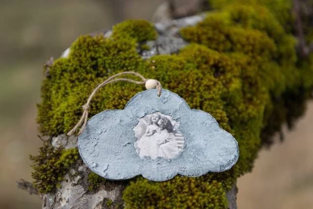 Little Angels Hanging Ornament, Wood Cloud Shaped Vintage, Decoupage - image 1