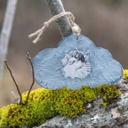 Little Angels Hanging Ornament, Wood Cloud Shaped Vintage, Decoupage - thumbnail 2