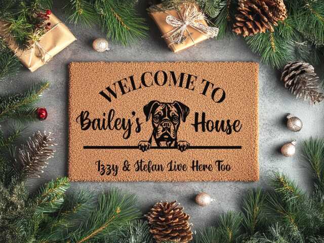 Personalized Boxer Doormat With A Cute Dog Silhouette - Doggie Welcome Mat Custom Breed - image 1