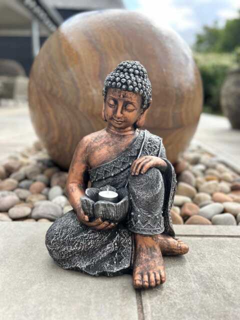 Large Copper & Silver Kneeling Buddha Garden Decoration With Tealight Holder - image 1