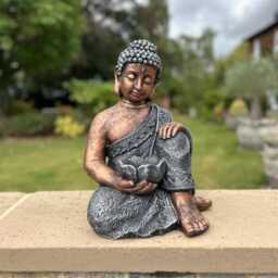 Large Copper & Silver Kneeling Buddha Garden Decoration With Tealight Holder - thumbnail 3