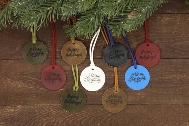 Leather Christmas Ornaments Small, Merry Christmas, Happy Holidays, Decorations, Burgundy Ornament, White Ornament, Blue Ornament - image 1