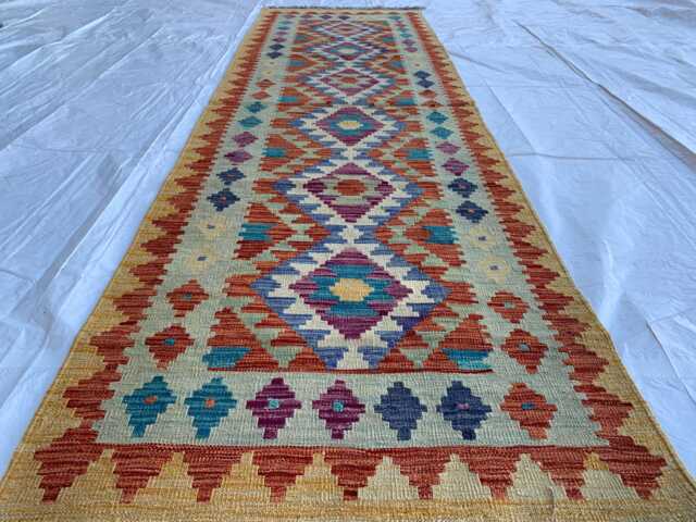 Handmade Afghan Chobi Kilim Runner Rug Wool Tribal Design - 9.6x2.10 Ft - image 1